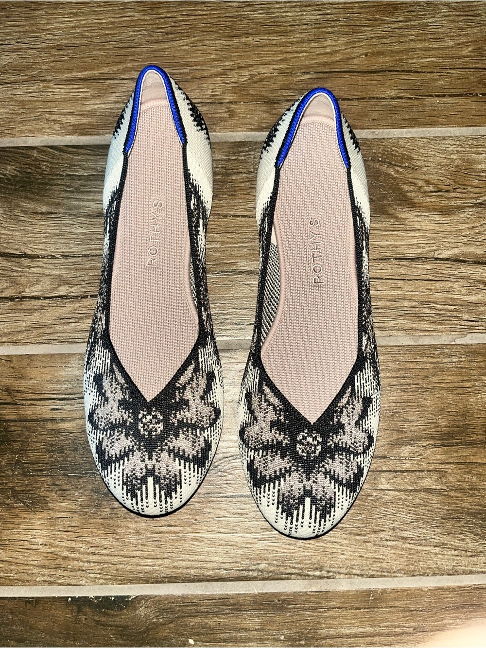 Rothy's Black & Cream Floral Knit Ballet Flats with Pink Insole and Blue Trim - Picture 1 of 5
